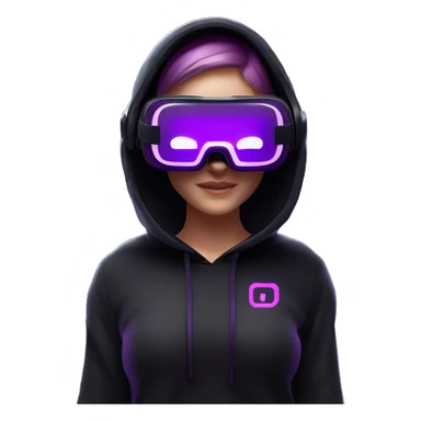 Russian girl wearing black hoody with violet letters "OMG", in vr headset oculus quest2. No eyes on headset. Cyberpunk style. Violet neon. sticker
