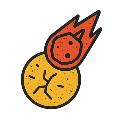 minimalist icon of a meteor falling into and destroying a planet, worn distressed effect sticker