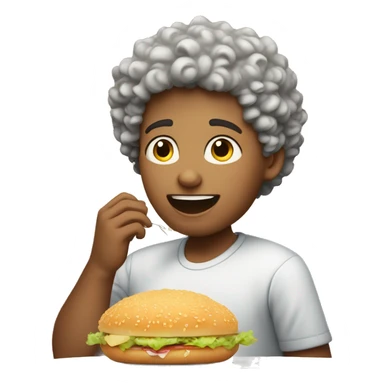 Fat curly haired white 14 year old boy eating food sticker