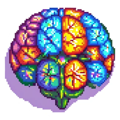 Add a colorful, vibrant core to the brain, making the center of the crystal brain glow with multiple bright colors, in pixel art style, with no background. sticker
