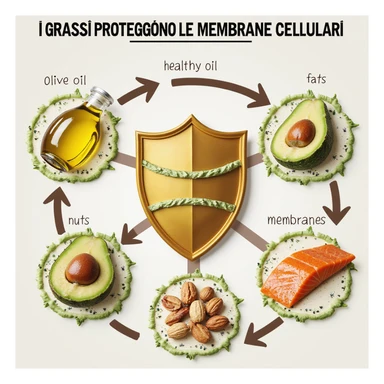 realistic infographic showing healthy fats (olive oil, avocado, nuts, salmon) protecting human cell membranes, cells with highlighted membranes, fats wrapping around like a shield, educational style, Italian caption 'I grassi proteggono le membrane cellulari', light background sticker