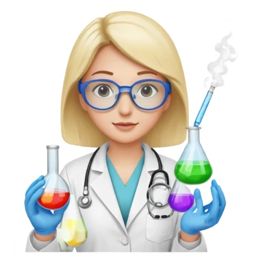 A person wearing safety goggles, a stethoscope, and a white coat. In one hand they hold a test tube containing chemicals  sticker