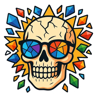 Enhance the skull with mosaic eyewear, making the head explosion more detailed and vivid in a cartoonish style with vibrant toon aesthetics. sticker