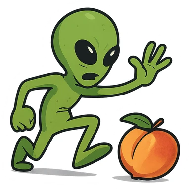funny green alien with a raised hand, about to smack a peach, dynamic pose sticker