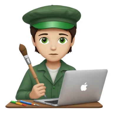 boy working in Macbook, him hat same like painter artist, eyes green color, color hair dark brown sticker