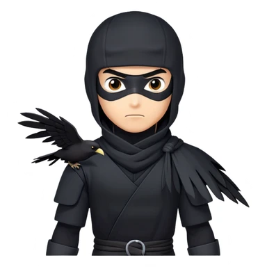 clash-of-clans-aesthetic_-cinematic-mysterious-male-ninja-portrait-emoji, rendered in a flat, vector-style with minimal shading and bold, simplified shapes, with a head slightly turned revealing intense, focused eyes. the ninja has his arm out and perched on top of his forearm is  a  giant black crow sticker
