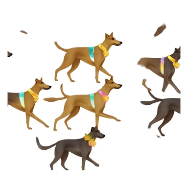  brindle brown black maroon gold lurcher Alsatian fox running blue eyes and iridescent holographic oilslick harness wearing paper iridescent tropical flower crown yellow caution tape sticker