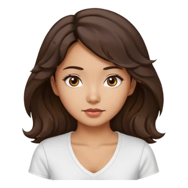 iOS style emoji. A girl with very long dark brown wavy hair. And the eyes color is dark brown. And she is wearing white t shirt with V kneck. And she is 30. She is Asian with double eyelids  sticker