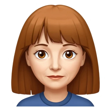 60 yr old woman, very small brown eyes, long straight brown hair, bangs,  sticker