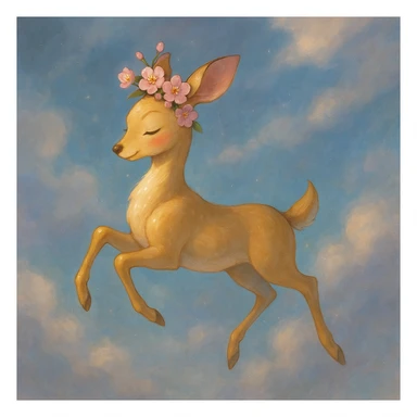 Enhance this feminine adult vanilla cloud doe with rosy cheeks and cherry flowers, floating gracefully in a dreamy Ghibli-Pixar style. Make the colors richer, the lines softer, and the cherry flowers more detailed. Add a magical glow and elegant highlights, keeping the look whimsical and refined. sticker