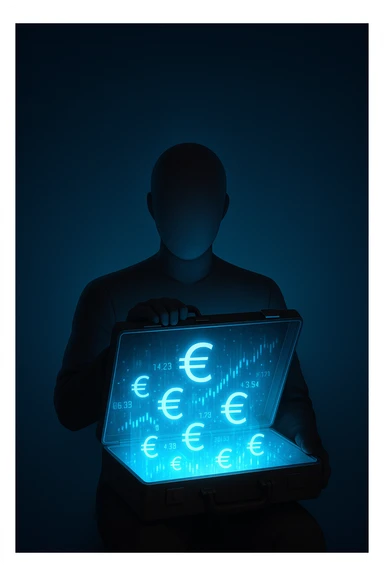 Faceless mannequin holding an open glowing briefcase filled with holographic euro signs and digital stock tickers. Large empty gradient background above for text. Strong cinematic lighting. sticker