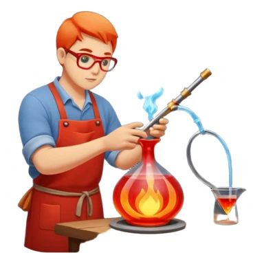 Glassblowing and casting icon, artisan shaping molten glass with a blowpipe, glass being poured into a mold, glowing red-hot glass, delicate patterns, minimalistic style, clean lines, transparent background. sticker