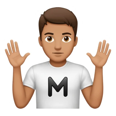 A surprise man wearing a white t-shirt with a big black M on the t-shirt  sticker