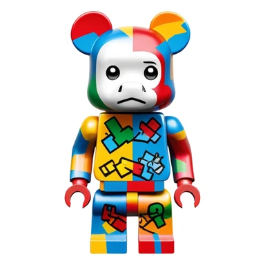 Lego bearbrick covered in colorful graffiti art, X symbols for eyes, blocky Lego aesthetic, spray paint style sticker