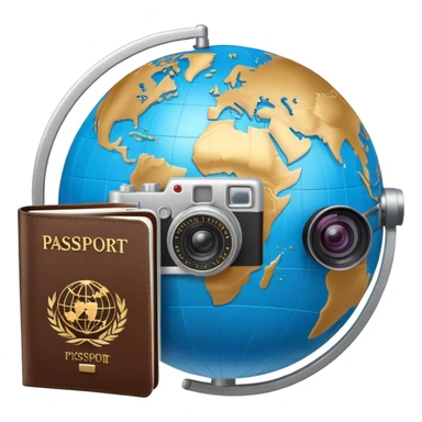 Globe with passport and camera, world travel sticker