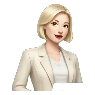 pale skin woman with ash blonde Straightened bob Hair, White Spacious classical jacket, beige palazzo Arrow pants and gray blouse holding a MacBook in the hands sticker