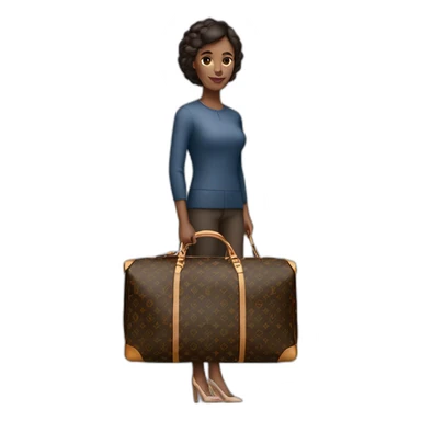 woman holding louis Vuitton travel bag with wheels sticker
