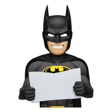 The image depicts a cartoon character dressed as Batman, holding a blank piece of paper. The background is black. sticker