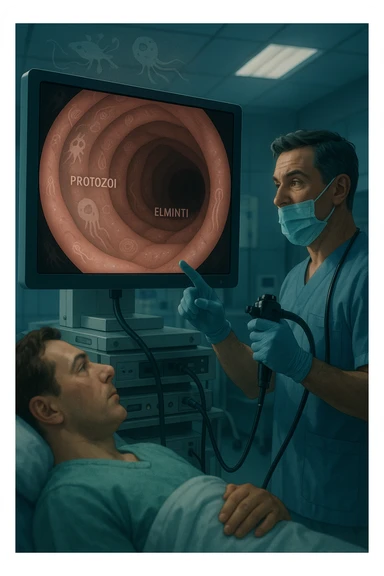 A medical cinematic illustration showing a patient undergoing a colonoscopy in a modern clinical setting. On the monitor, the endoscopic camera shows smooth, healthy-looking intestinal mucosa — clean and without evidentiary signs. But layered symbolically in the background (or faded into the intestinal wall), tiny parasitic organisms like protozoa and helminths are subtly depicted hiding between folds, or embedded deeper in tissues, undetectable by the surface-only scope. The doctor gestures with confidence, while the patient remains unaware that the test might not reveal the true underlying infection. The scene has cool clinical lighting, shallow depth of field, and realistic anatomy, overlaid with symbolic, almost ghost-like imagery of parasites in italiano sticker