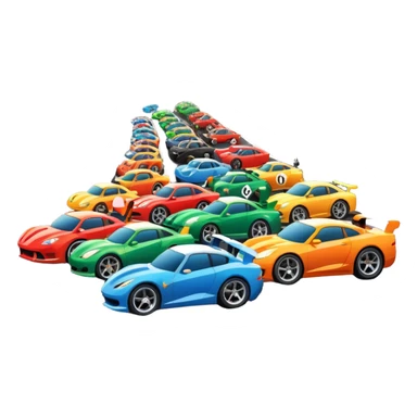 grandstands filled with cheering crowds, checkered flags waving, and traffic lights signaling the start, with a thrilling atmosphere of anticipation and speed. Sporty cars and motorcycles lined up at the starting line, ready to race, with a vibrant racetrack in the background. sticker