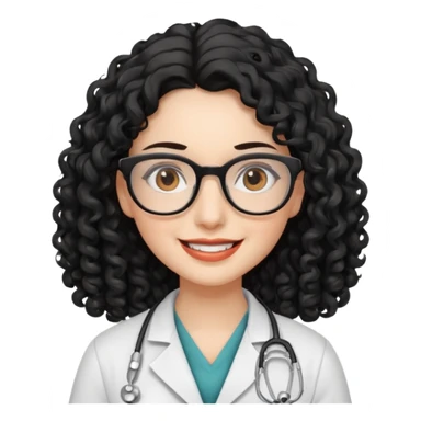 smiling doctor woman, brown eyes, white skin,  long black curly hair with glasses sticker
