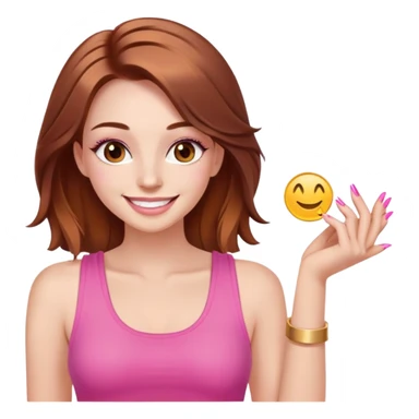 Beautiful girl smiling with long pink nails and lashes, the hair is dyed in gold and brown, wearing tank sticker