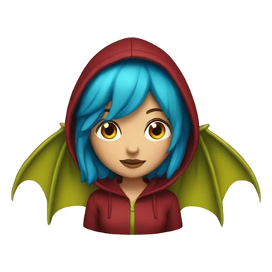 Lady with brunette and blue hair, gold, green dragon wings, maroon hoodie, and bright red eyes sticker