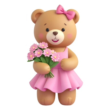 A cute teddy bear with a pink bow on its head, holding a bouquet of white flowers, in a 3D iOS Disney style, with a soft pink background and hearts floating around, wearing a pink dress, a big smile, and a cute blush on its cheeks. sticker