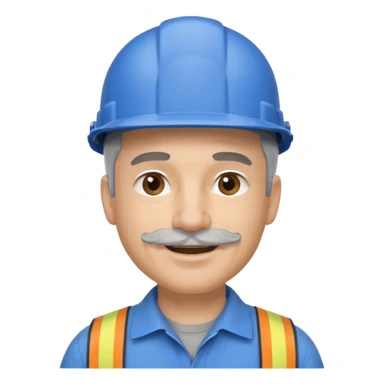 A man emoji with light skin, wearing a blue construction helmet, short gray hair on the sides, straight eyebrows, brown eyes, a small nose, and a thin short straight gray mustache above his smiling mouth. sticker