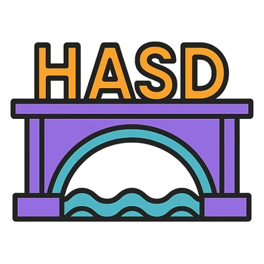 stylized bridge with the word 'HASD' standing on it, bold and prominent text, icon style sticker