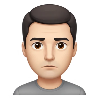 Professional man with square face, defined jawline, full cheeks, overtly skeptical expression, medium brown eyes with paranoid look, prominent eyebrows raised, wide nose, lips pressed together suspiciously, short dark hair, wearing a gray shirt sticker