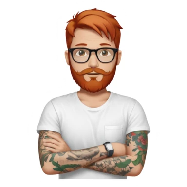 Svelte looking redhead man with sleeve tattoos and a beard and rayban glasses, 38 years old but younger looking sticker