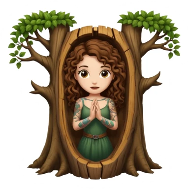 woman with long curly brown hair, brown eyes, white skin, tattoos, opening a tree trunk like a secret door portal sticker