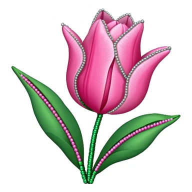 french beaded pink tulip flower with 2 leaves, handmade with glass beads, no background sticker