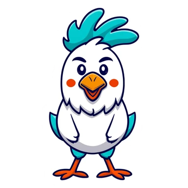A goofy tropical rooster with teal blue feathers, big bulging eyes, tall red comb, skinny legs, comical expression sticker