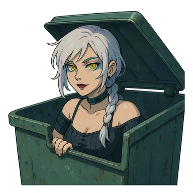 she is poking out from a garbage dumpster, a closeup portrait of young woman with gold yellow eyes, white hair, long braid, black off-shoulder top d-cup, punk gothic style, futuristic cyberwave cyberpunk, sticker