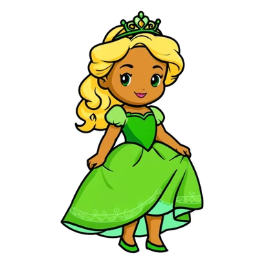 Disney Princess Tiana with super long blonde curly hair, green princess dress sticker