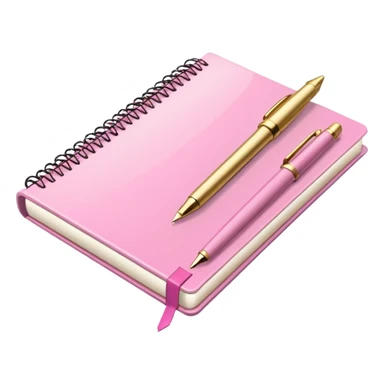 Notebook, gold and pink and white. angled view. with pen sticker
