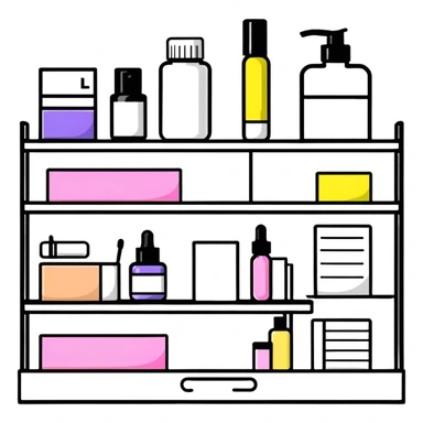 big long white shelf with one serum bottle labeled beauty brand and big sticky note next to it sticker