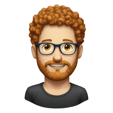 35 year old, male, short curly red hair, pale, thick beard, blue eyes, white glasses, black shirt sticker