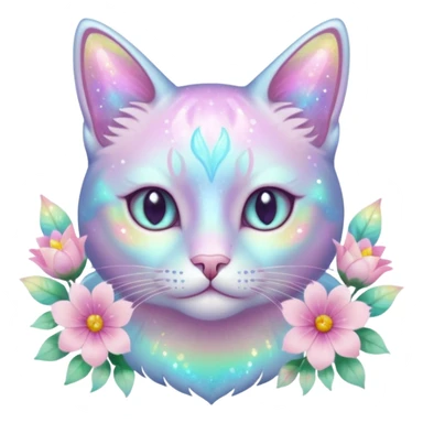 Pastel iridescent shiny ethereal elegant pretty beautiful realistic glossy glittery cat with flowers and pastel colors aesthetic sticker