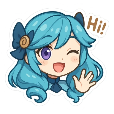 Gwen from League of Legends, chibi emote style, only head visible, right eye purple, playful hi expression, waving hand, eyes open, cute and expressive sticker