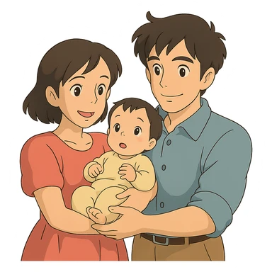 ghibli style family with mom, dad, and baby sticker