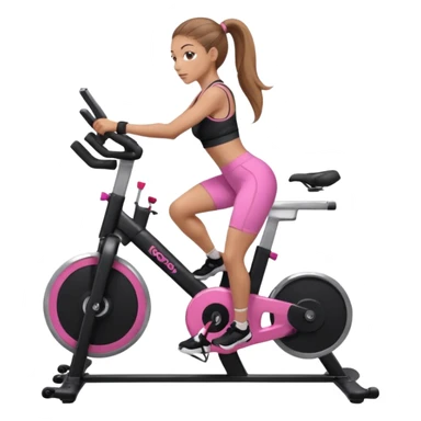 Light skin girl with long light brown hair in a pony tail, black workout set leaning on a indoor spin bike with NO HELMET, can we add a pink sports bra  sticker