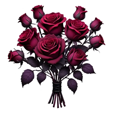 A surreal bouquet of Gothic roses, their petals drenched in dark purple hues, from black-red to rustic tones, glowing against a dark, misty backdrop. The air is heavy with an eerie, romantic atmosphere, as if the flowers hold secrets of the past.
 sticker