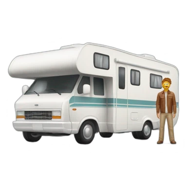 man posing before motorhome sticker