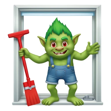 Troll wearing jorts cleaning a window using red squeegee sticker