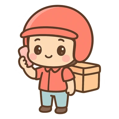 food delivery man in red, wearing red helmet, on the phone, kawaii chibi anime style, flat pastel colors, thick outlines, simple cute features, full body sticker