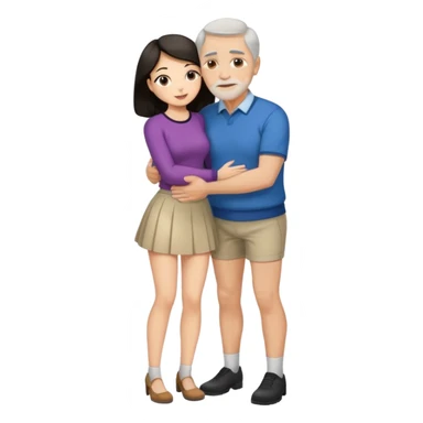 older man with dark hair on knees, facing dark haired woman in a micro mini skirt, hugging her waist sticker