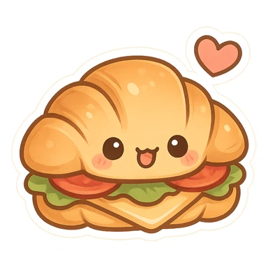 chibi sticker-style croissant sandwich with a heart accent, cute and exaggerated sticker